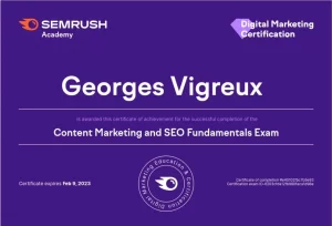 Certification SEMRUSH Content Marketing and Fundamentals SEO