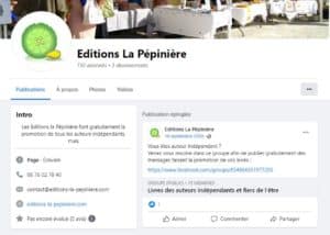 Page Facebook des Editions la Pépinière