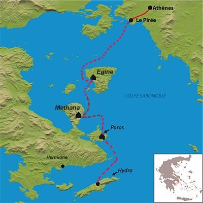 Carte avec les escales entre les Iles Saroniques en Grèce