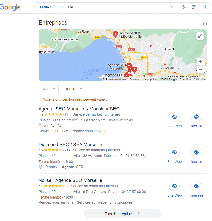 Recherche de consultant SEO sur Marseille avec la fiche d'établissement Google